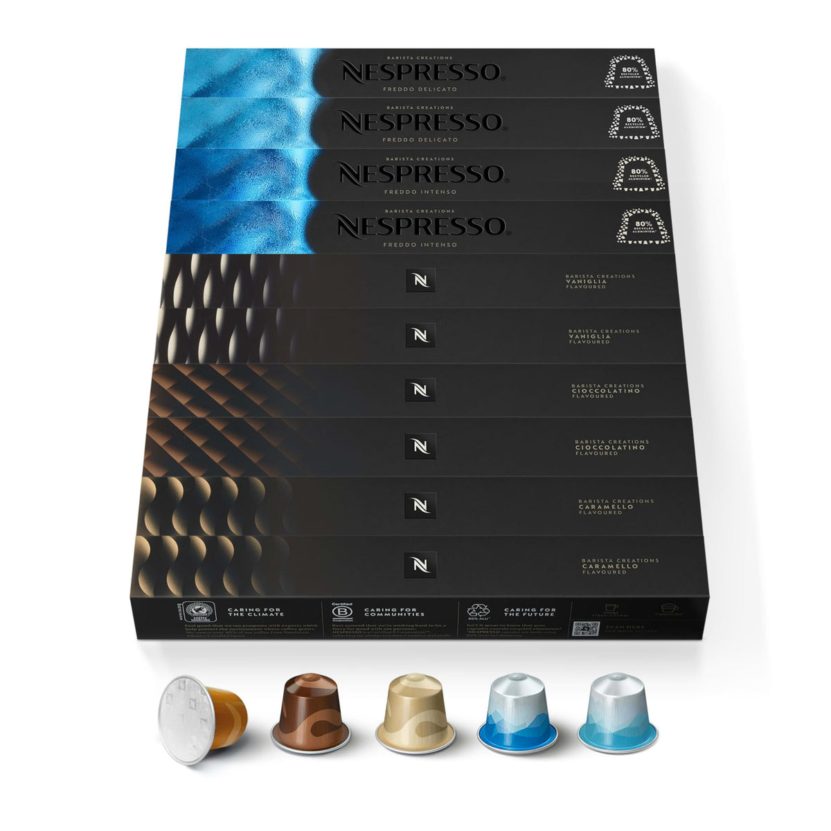 Nespresso Original Barista Variety Pack pack shot showcasing 100-count espresso capsules for home use