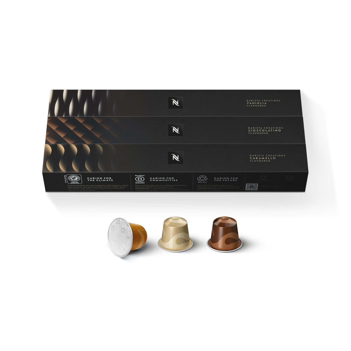 Nespresso Original caramel pod close-up showing creamy, dessert-inspired crema for at-home indulgence.