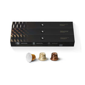Nespresso Original caramel pod close-up showing creamy, dessert-inspired crema for at-home indulgence.