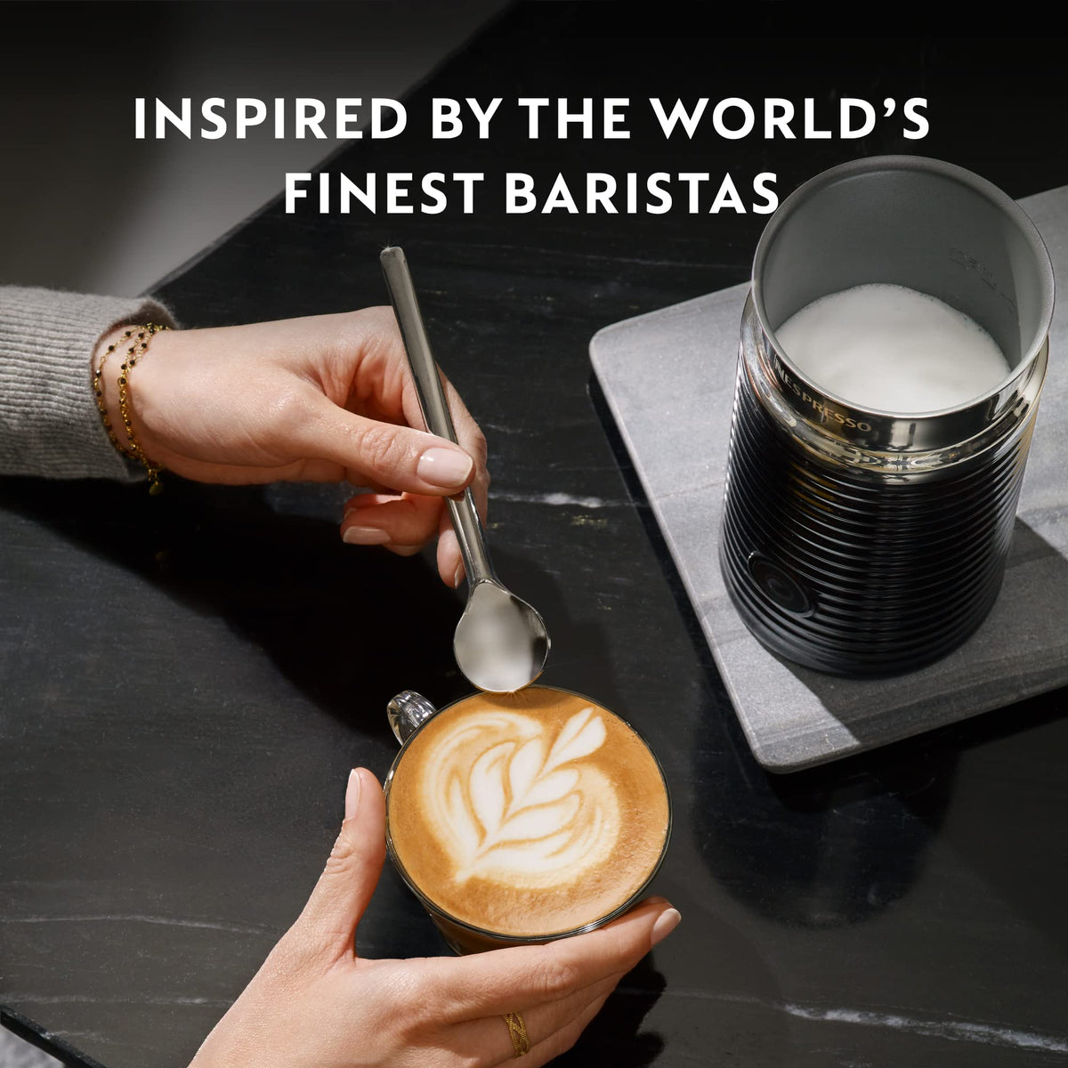 Nespresso Caramello aroma swirl beside a steaming cup.