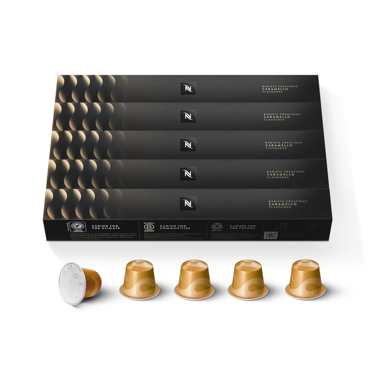 Nespresso Caramello Original Line capsules pack for smooth, caramel-flavored espresso.