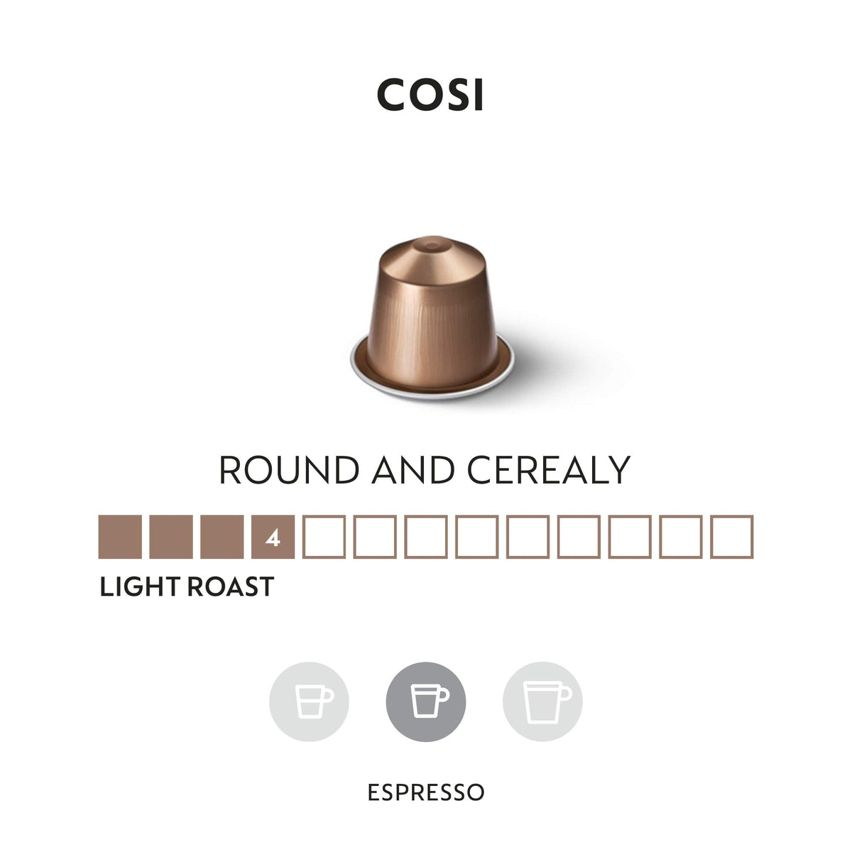 Nespresso Cosi capsule close-up showing delicate texture and packaging