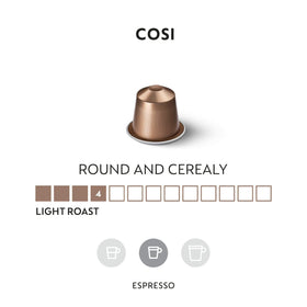 Nespresso Cosi capsule close-up showing delicate texture and packaging