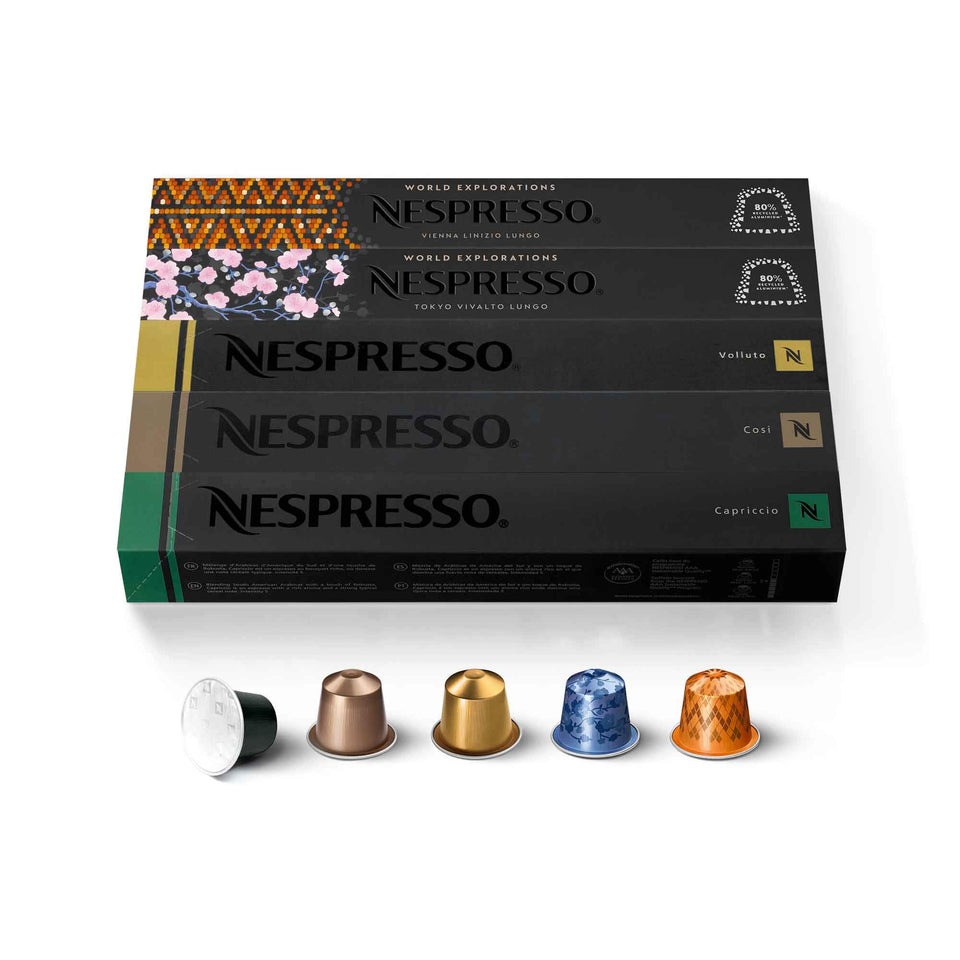 Nespresso Original Line mild roast variety pack box for gentle mornings.