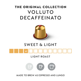 Nespresso Volluto Decaffeinato cup in black illustrates smooth, light espresso for daytime enjoyment