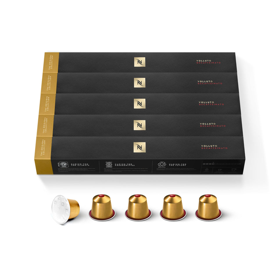 Nespresso Volluto Decaffeinato packshot showing Original Line capsules for easy mornings