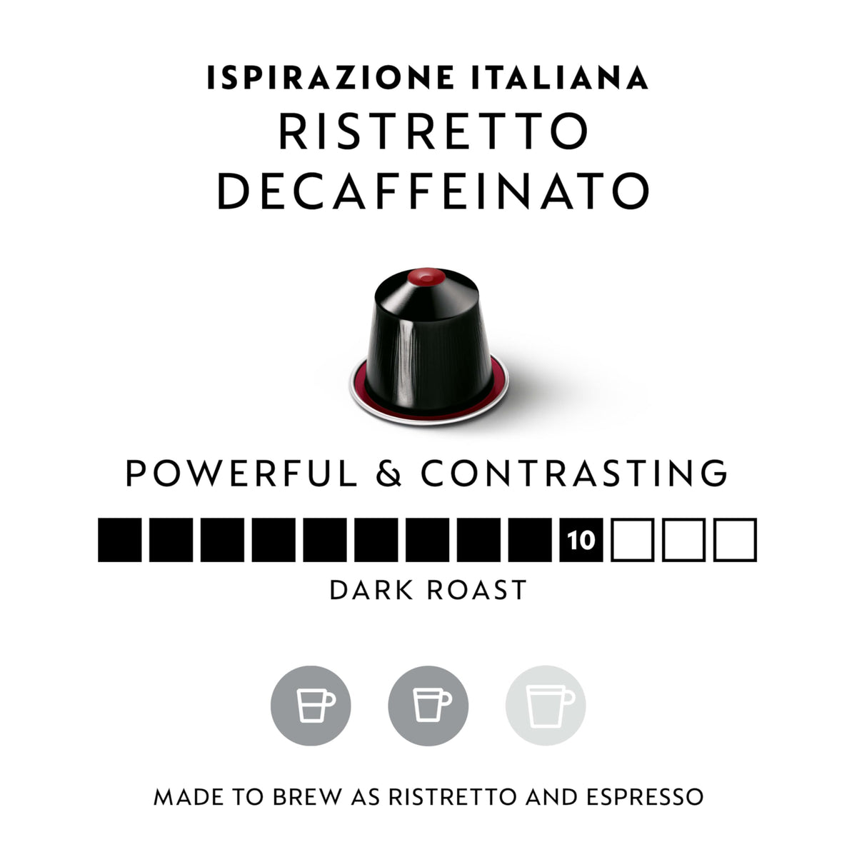 Close-up of Ristretto Decaffeinato capsules showing bold roast and packaging.