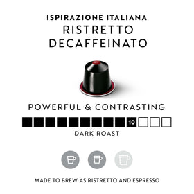 Close-up of Ristretto Decaffeinato capsules showing bold roast and packaging.