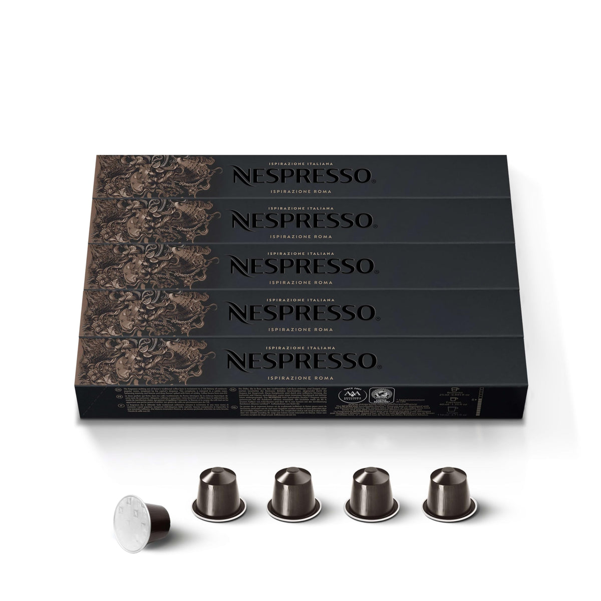 Nespresso Roma Intenso capsule close-up highlighting bold aroma for a rich espresso.