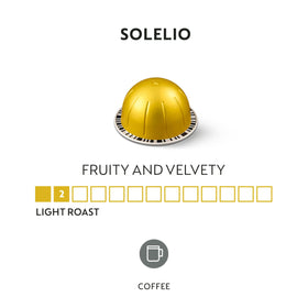 Close-up of Nespresso Solelio capsules highlighting mild roast and fruity notes.