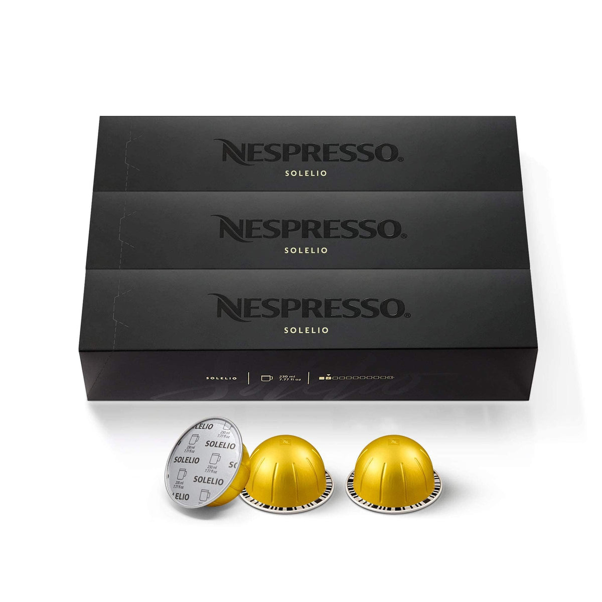 Nespresso Solelio capsules pack displayed for a mild morning brew.