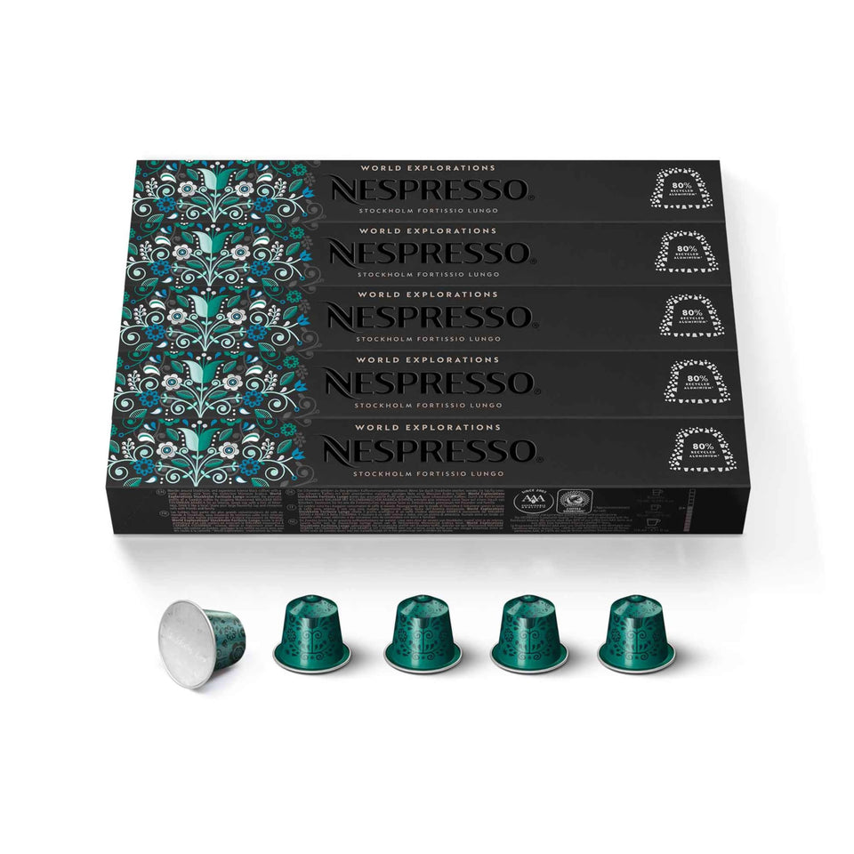 Nespresso Stockholm Lungo 50-count pack for bold coffee.
