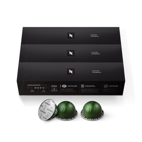 Nespresso Stormio dark roast capsules pack ready for bold morning coffees.
