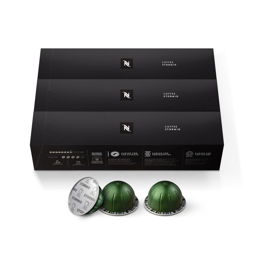 Nespresso Stormio dark roast capsules pack ready for bold morning coffees.
