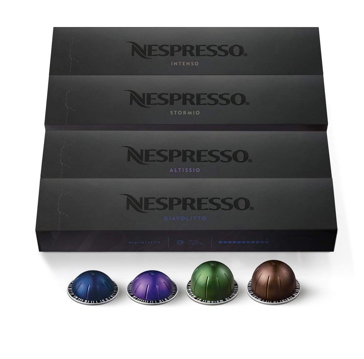 Nespresso Vertuo dark assortment box showing 40 pods for quick, consistent brews.