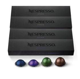 Nespresso Vertuo dark assortment box showing 40 pods for quick, consistent brews.