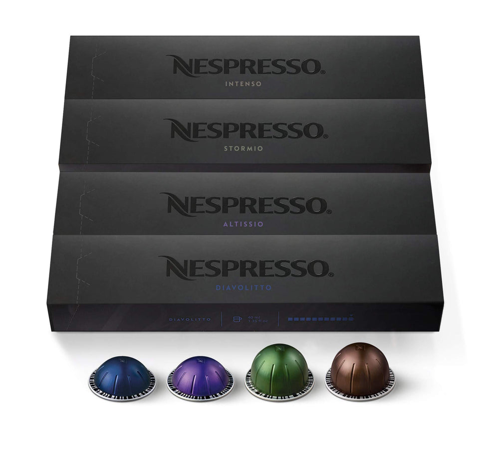 Nespresso Vertuo dark assortment box showing 40 pods for quick, consistent brews.