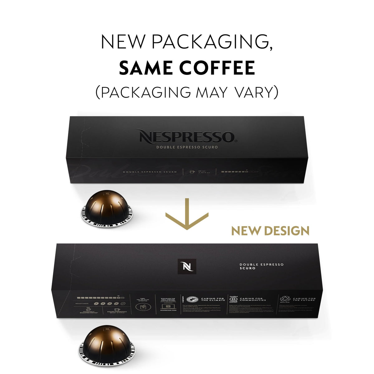 Nespresso Vertuo dark roast coffee capsules for a deeper espresso at home.