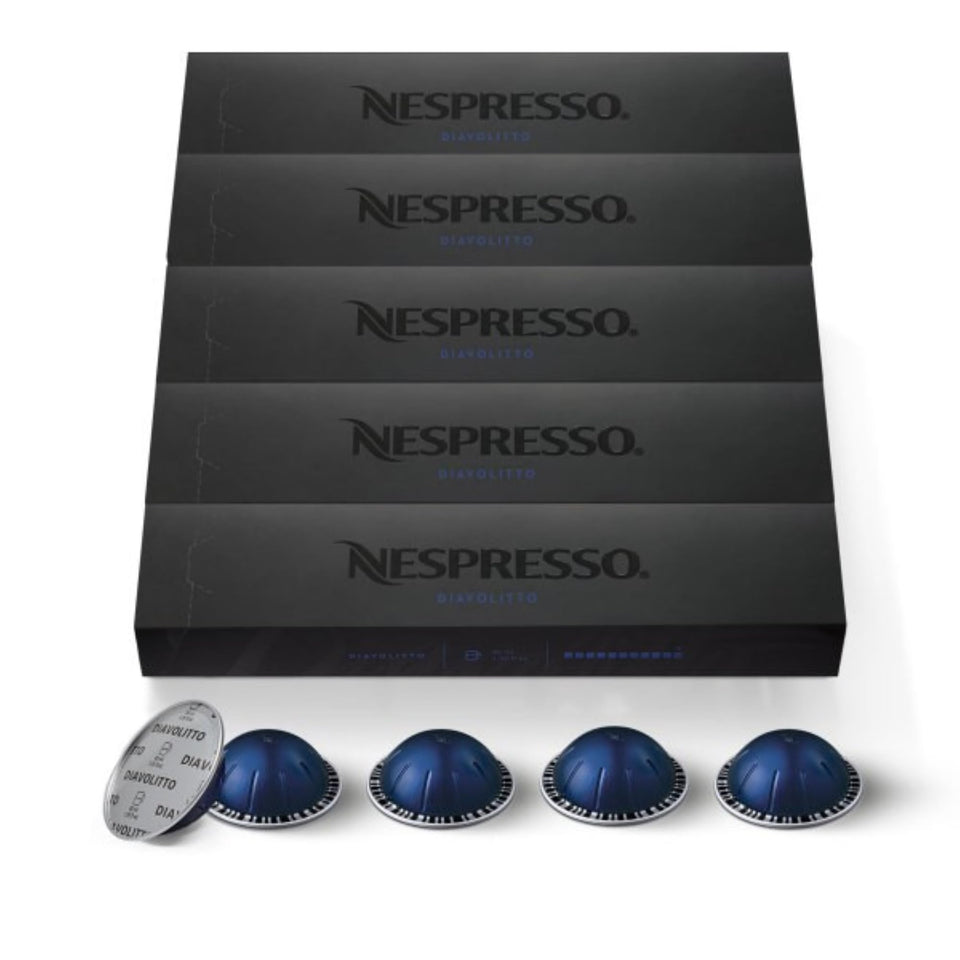 Nespresso Vertuo Diavolitto pack front, bold espresso option for intense mornings