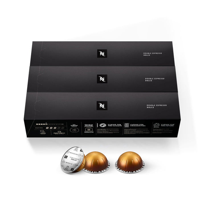 Nespresso Vertuo Dolce capsule close-up showing foil lid for easy use.