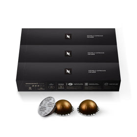 Nespresso Vertuo Double Espresso Chiaro capsules on a kitchen counter showing bold start to the day.