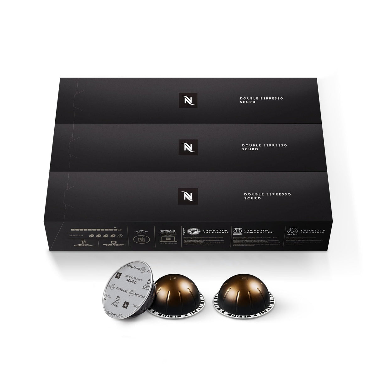 Nespresso Vertuo Double Espresso Scuro pods for a bold morning boost.