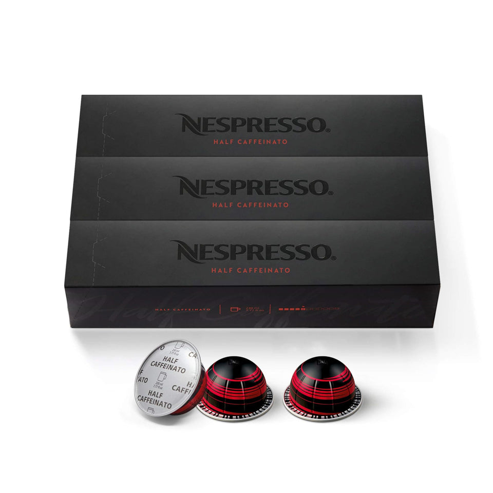 Nespresso Vertuo Half Caffeinato capsules packshot, convenient pods for quick, reliable mornings.