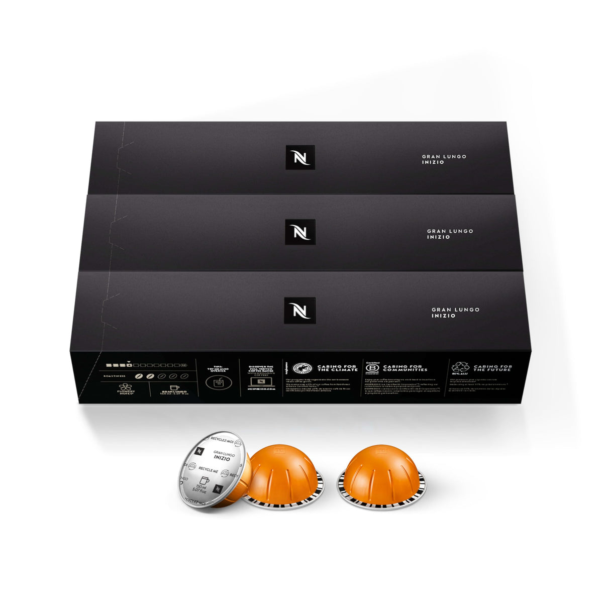 Nespresso Vertuo Inizio packshot highlighting the medium roast capsules for a balanced cup.