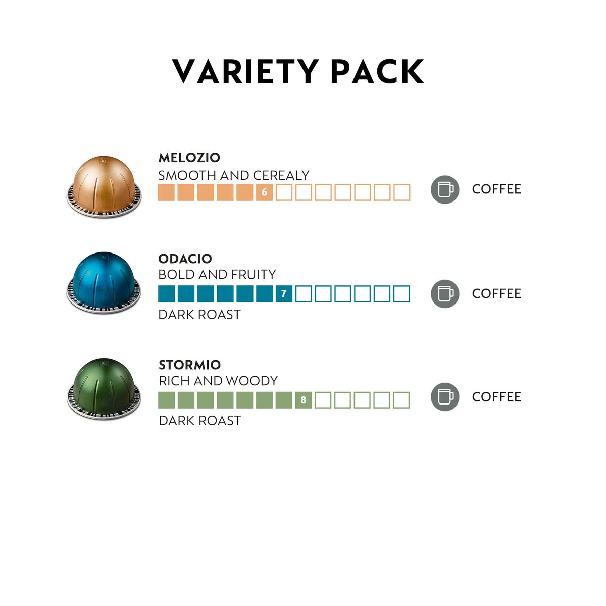 Nespresso Vertuo Odacio capsule on a mug, lively with cereal notes