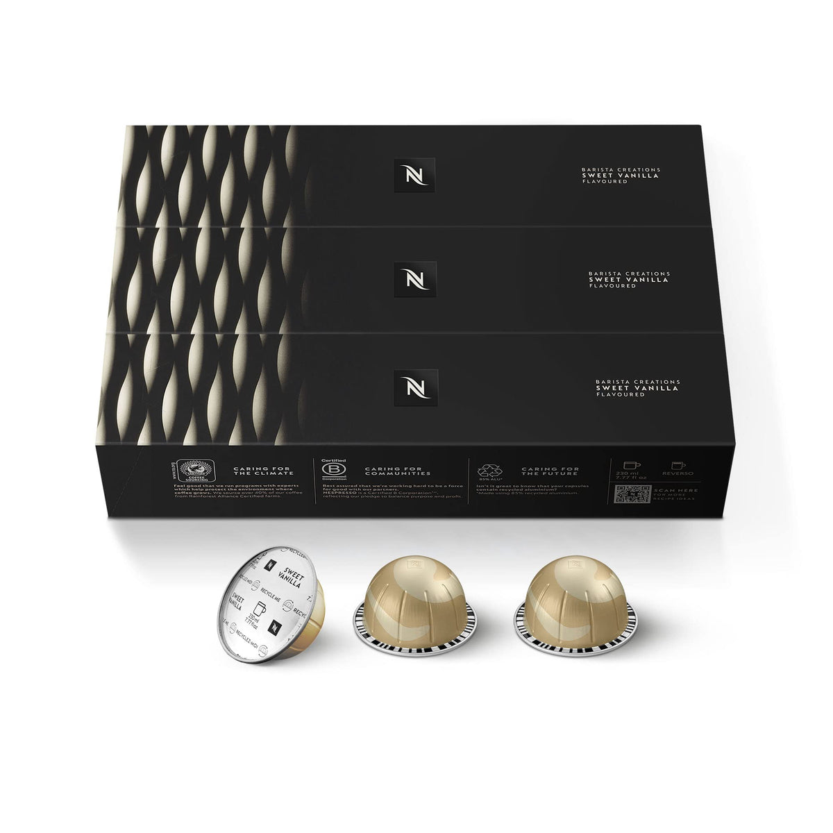 Packaging for Nespresso Vertuo Sweet Vanilla, a 30-count box for quick mornings.