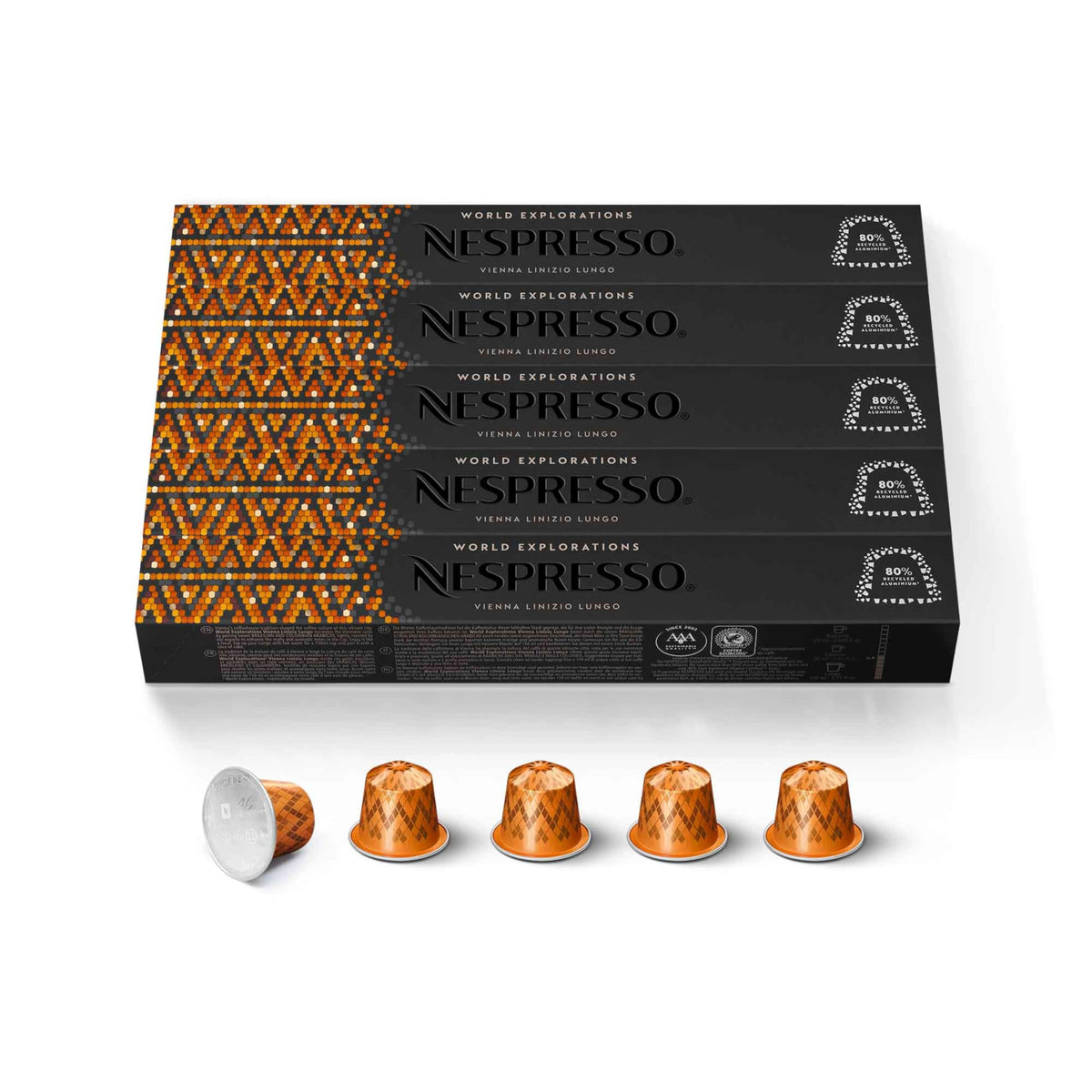 Nespresso Vienna Lungo pod close-up showing smooth, balanced aroma for a refined morning cup.