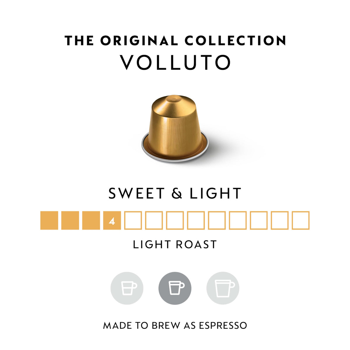 Nespresso Volluto capsules closeup showing the gold capsule and fresh aroma.