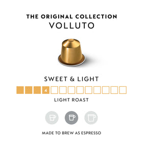 Nespresso Volluto capsules closeup showing the gold capsule and fresh aroma.