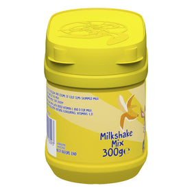 Nesquik banana flavour milkshake powder family-friendly table scene.