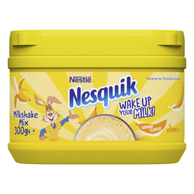 Nesquik banana flavour milkshake powder front view, convenient family treat.
