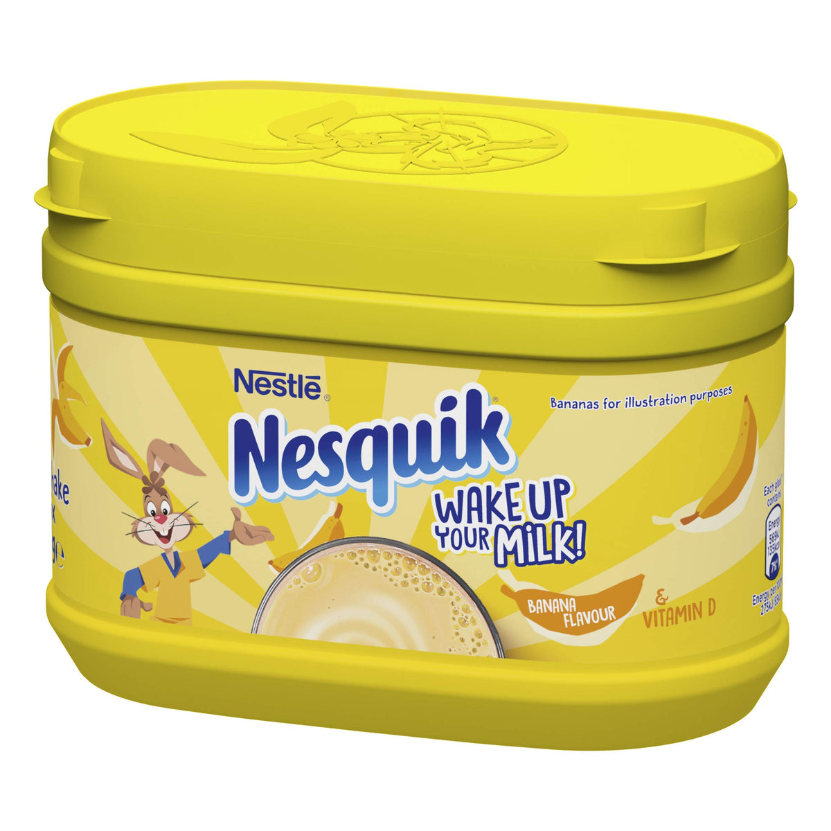Nesquik banana flavour milkshake powder ingredients close-up, showcasing vitamins and minerals.