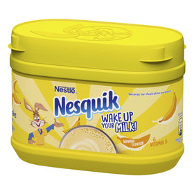 Nesquik banana flavour milkshake powder ingredients close-up, showcasing vitamins and minerals.