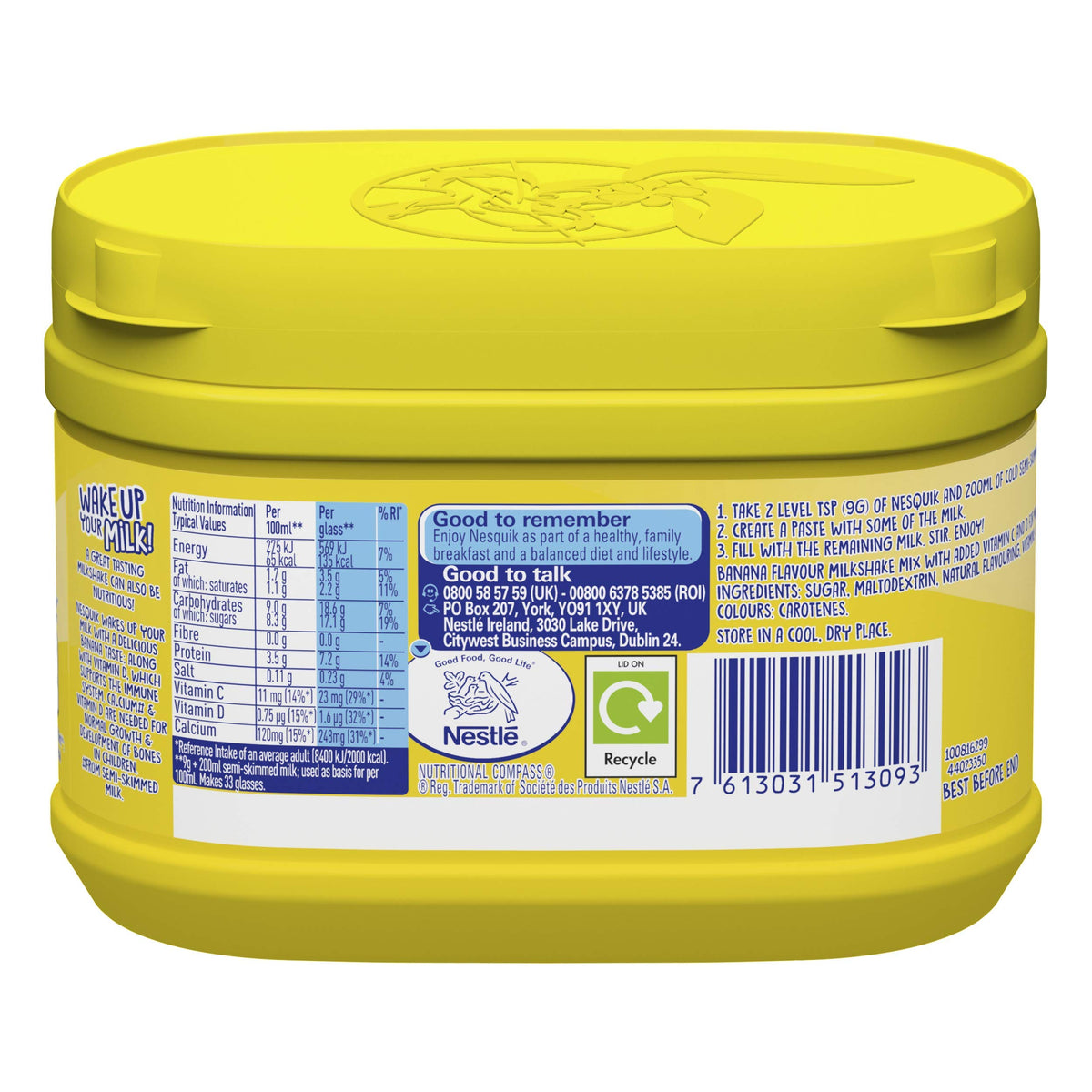 Nesquik banana flavour milkshake powder shake served as creamy treat.