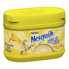 Nesquik banana flavour milkshake powder tub close-up, highlights easy nutrition for kids.
