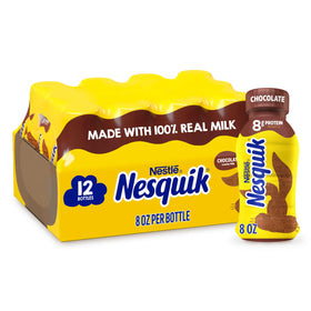 Nesquik Chocolate Lowfat Milk bottle front featuring creamy flavor, ready to enjoy.
