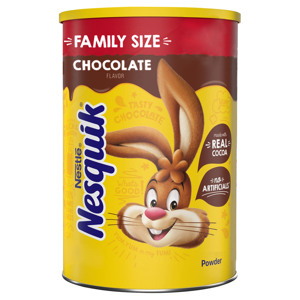 NESQUIK chocolate powder pours into milk to make a rich chocolate drink