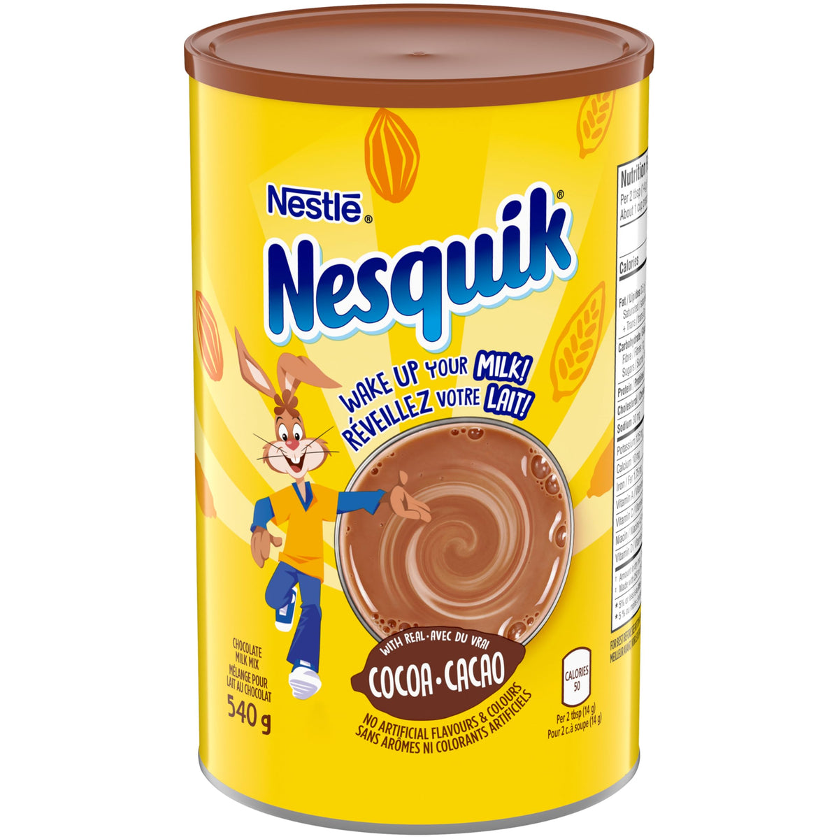 Nesquik Less Sugar Vitamin Enriched canister front view for easy storage and handling