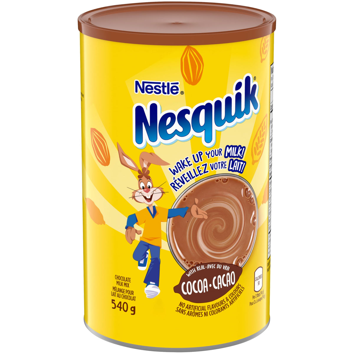 Nesquik Less Sugar canister side view highlighting packaging and enrichment details