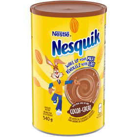 Nesquik Less Sugar canister side view highlighting packaging and enrichment details