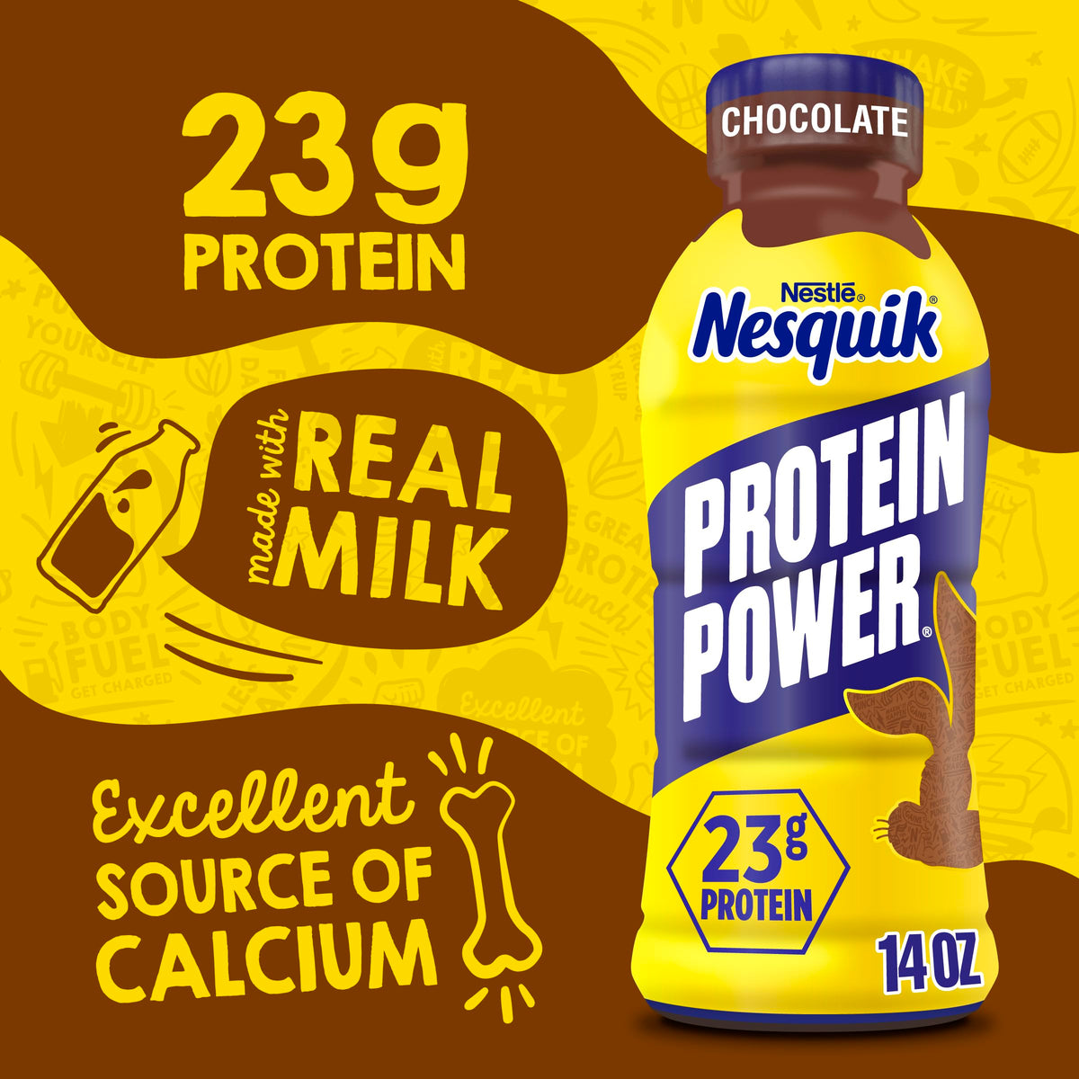 Nesquik Protein Power bottle label highlighting 23 g protein per serving.
