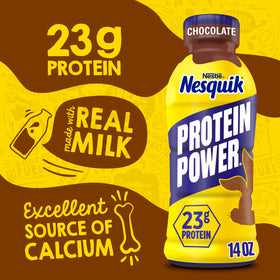 Nesquik Protein Power bottle label highlighting 23 g protein per serving.