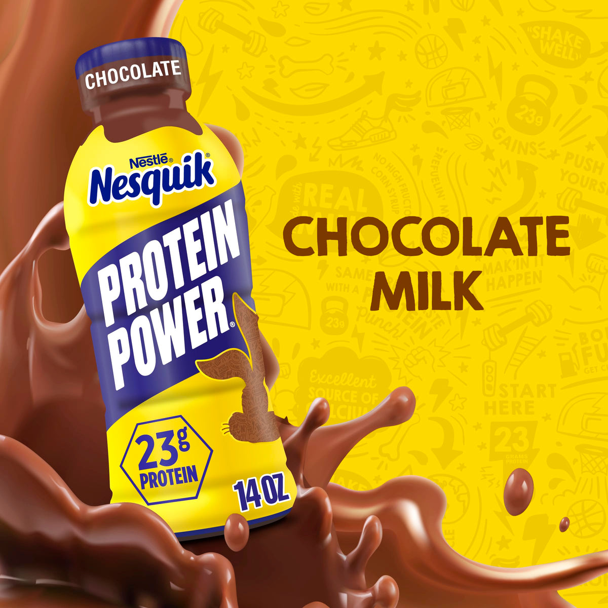 Nesquik Protein Power poured into a glass for a chocolate boost.