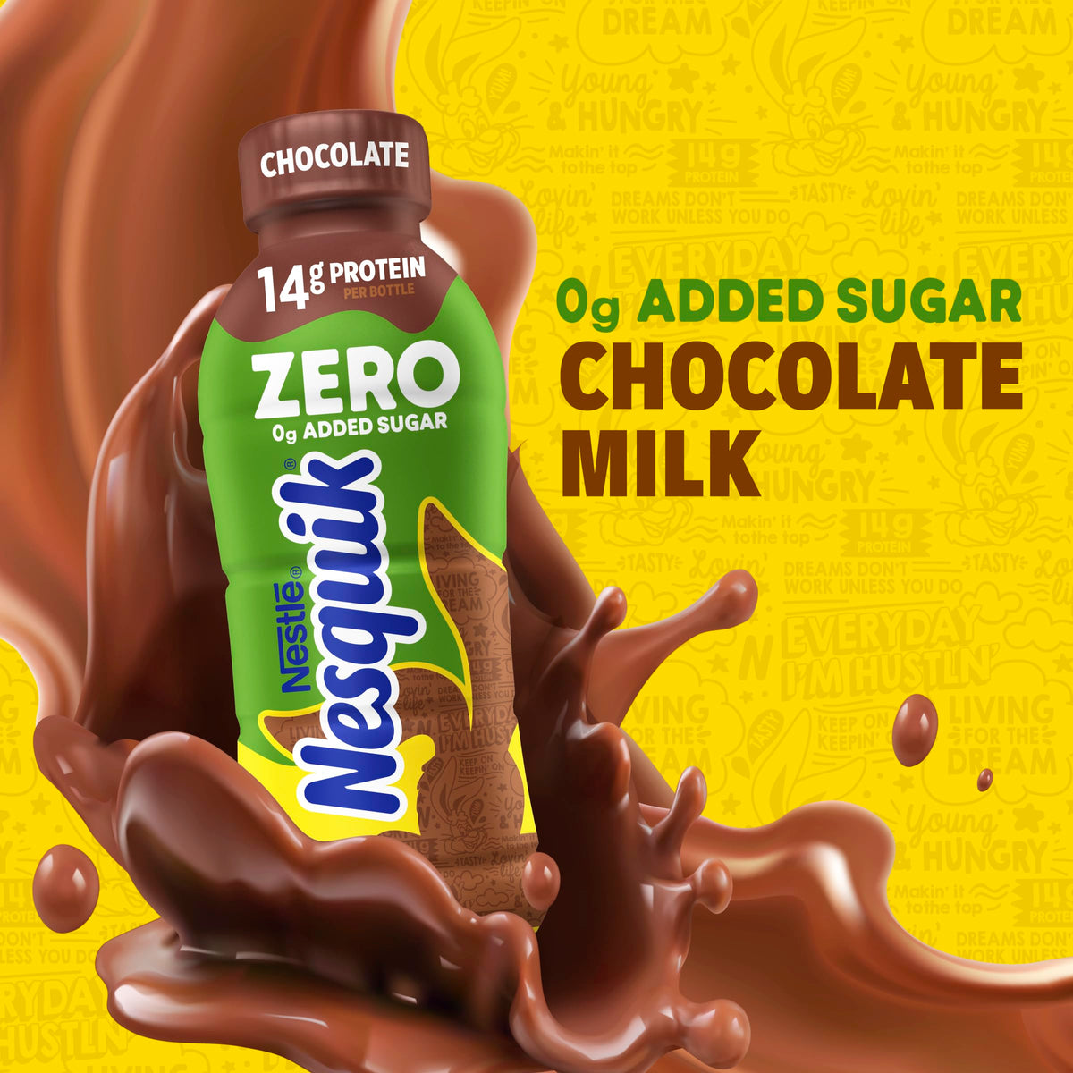 Nesquik ready-to-drink bottle pouring chocolate milk, ideal for busy mornings.
