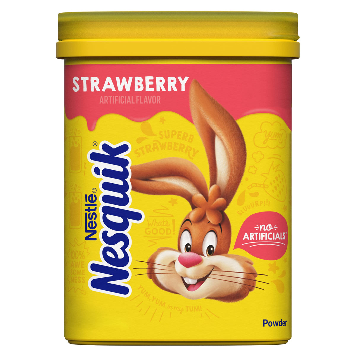 Nesquik Strawberry Powder canister front view for quick breakfast drinks.