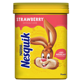 Nesquik Strawberry Powder canister front view for quick breakfast drinks.